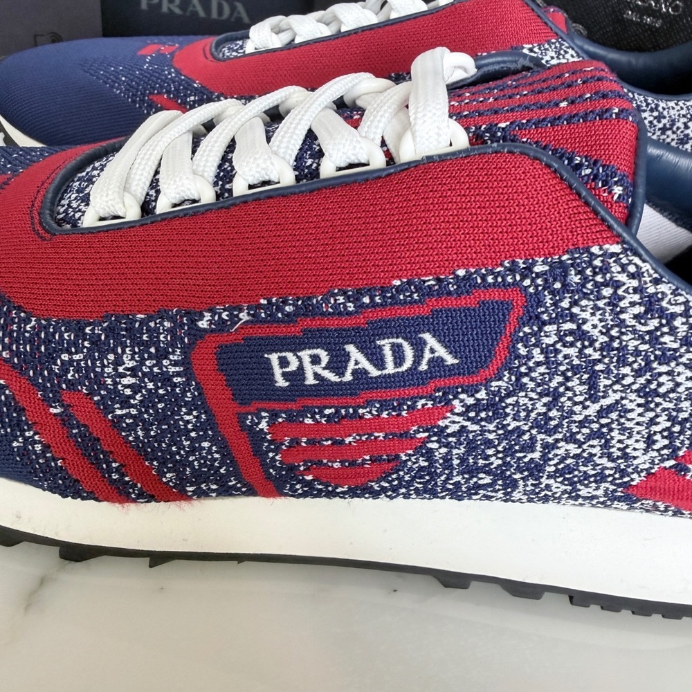 Prada‎ Knit Sneakers Mens  Indaco Scarlatto Blue Red 2EG272 Runner Shoes US 8 - Picture 2 of 12